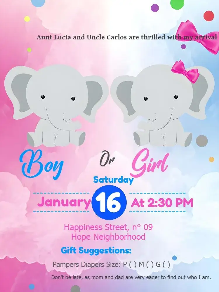 Invitation Elephant White Gender Reveal Tea Party – Gender Reveal theme elephant, cloud, pastel colors, white and blue, fun, playful