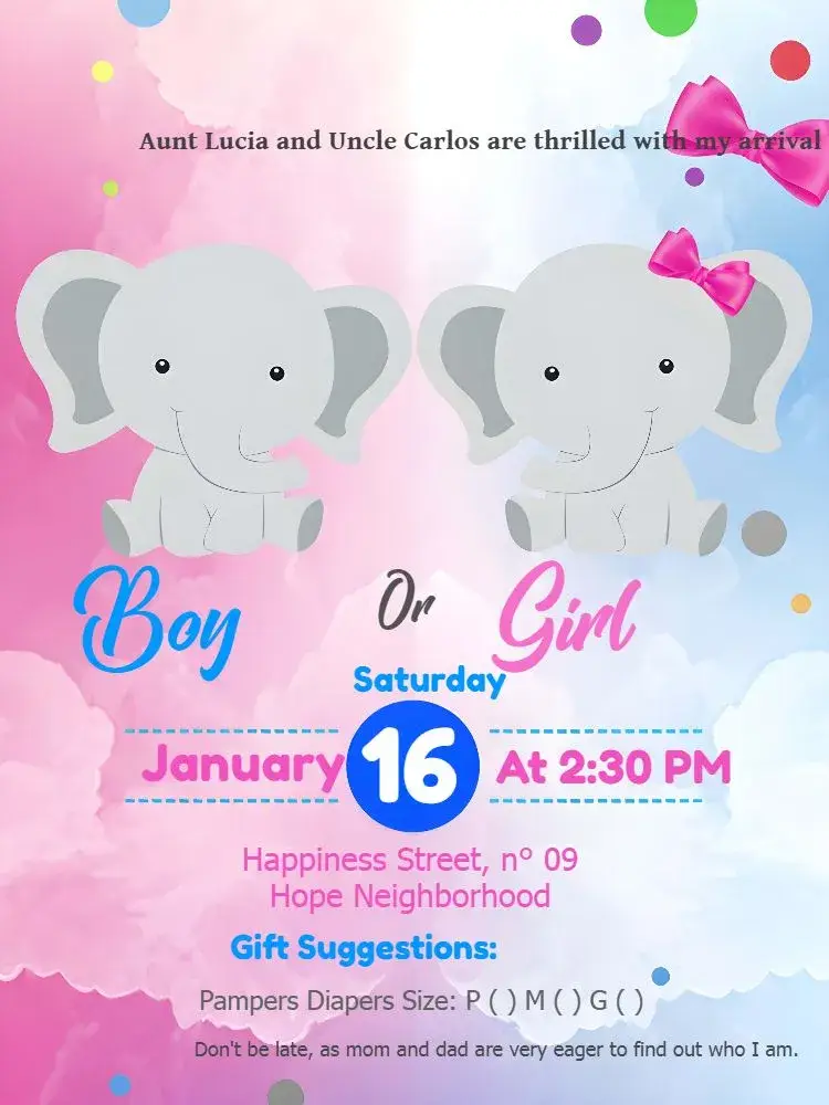 Elephant White Gender Reveal Tea Party invitation