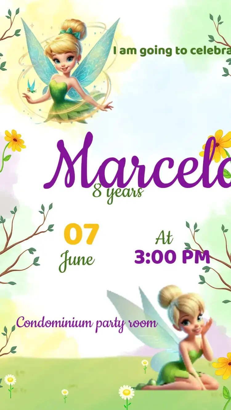 Invitation Birthday Invitation Tinker Bell – Kids' Birthday Party theme green, golden, fantasy, nature, magical, floral