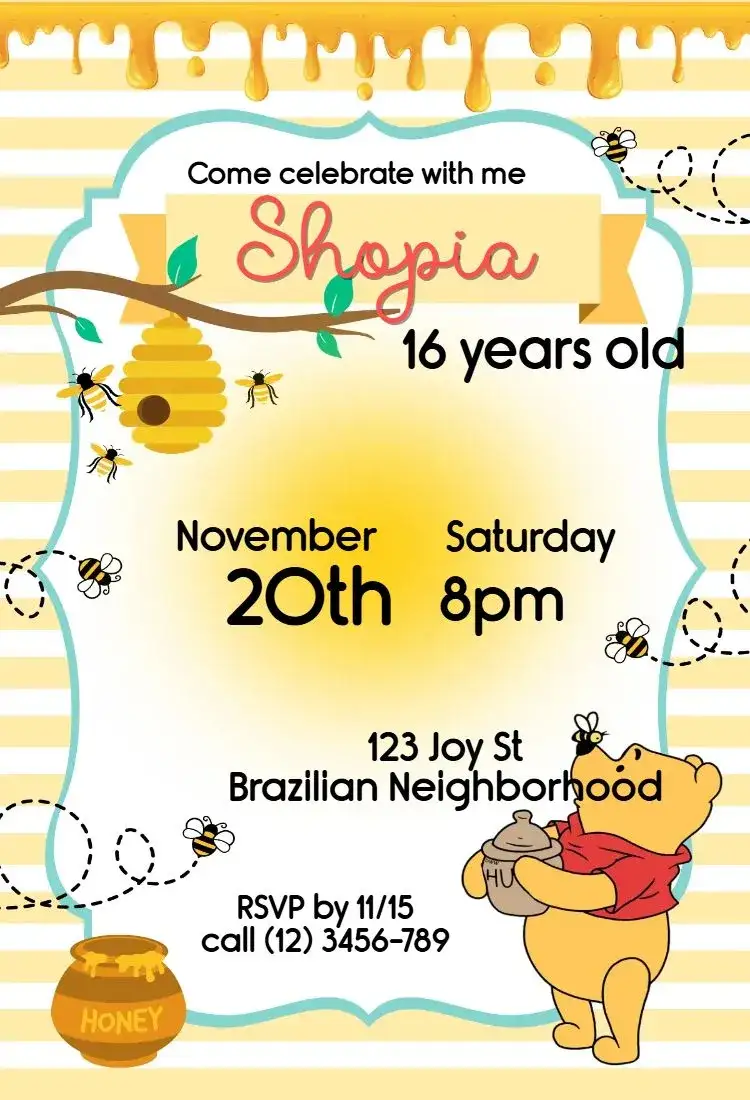 Invitation Winnie the Pooh – Kids' Birthday Party theme playful, colorful, childlike, teddy bear theme, fun, carnival
