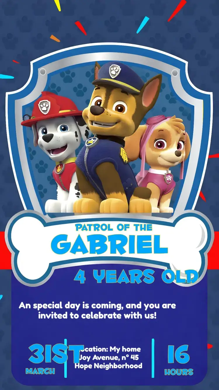 Invitation Blue Paw Patrol – Kids' Birthday Party theme blue, colorful, fun, children's theme, animated characters