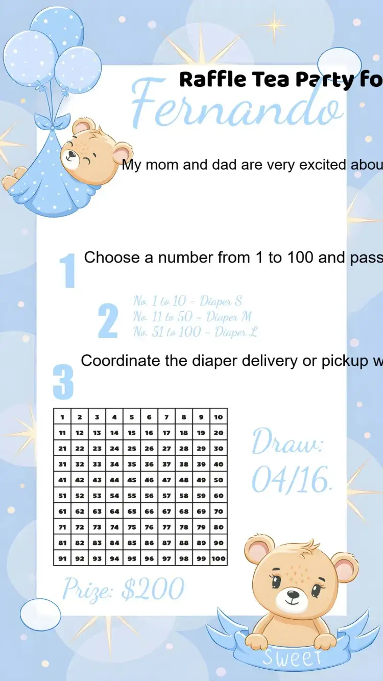 Invitation White Teddy Bear Tea Raffle – Raffle Tea theme blue, white, yellow, teddy bear, balloonist, children's