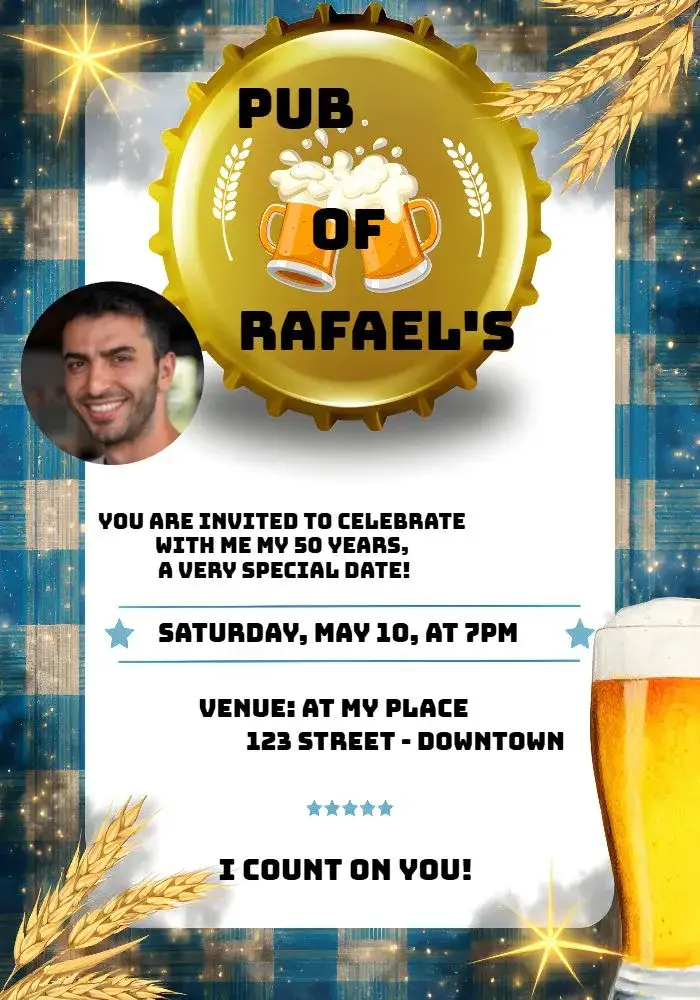 Invitation Boteco Com Foto Dourado – Birthday theme golden, pub-style, vintage, laid-back, colorful, modern