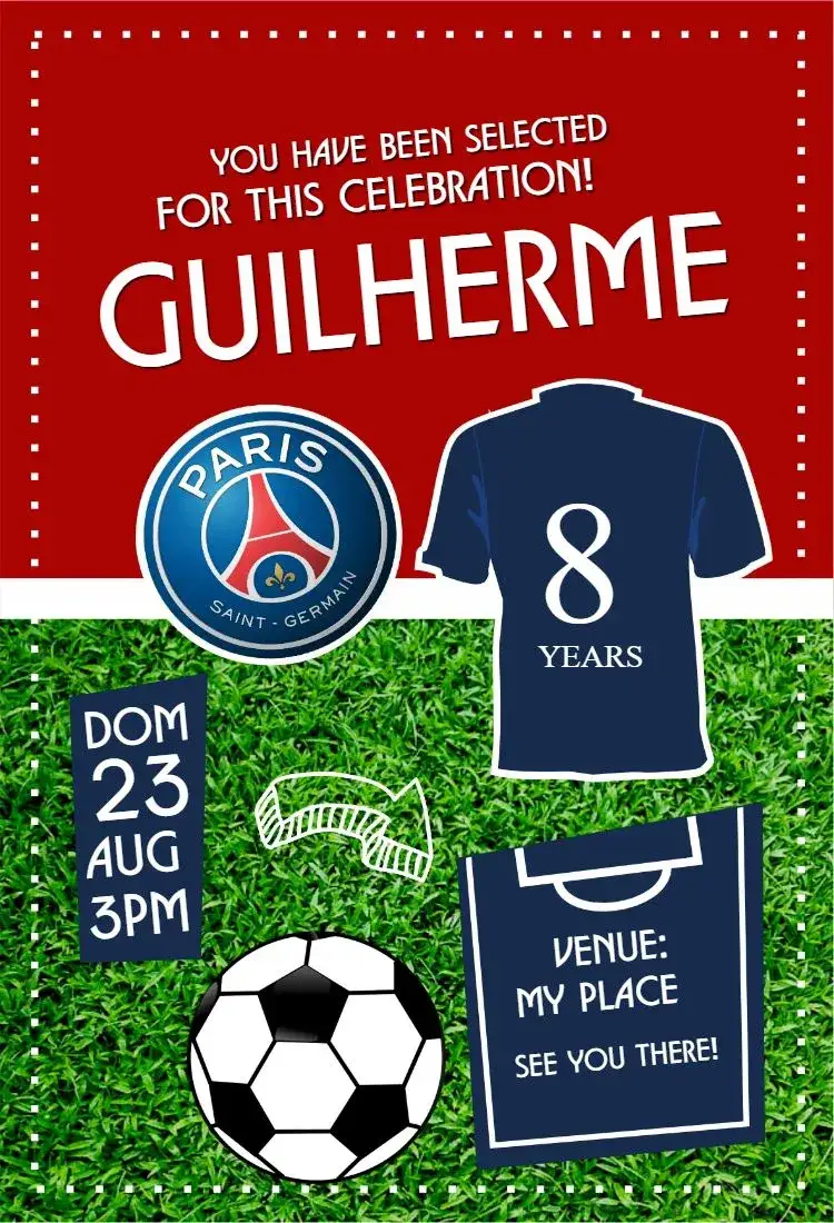Invitation Paris Saint Germain shirt – Birthday theme PSG colors, sporty style, modern design, football graphic elements, vibrant, team theme