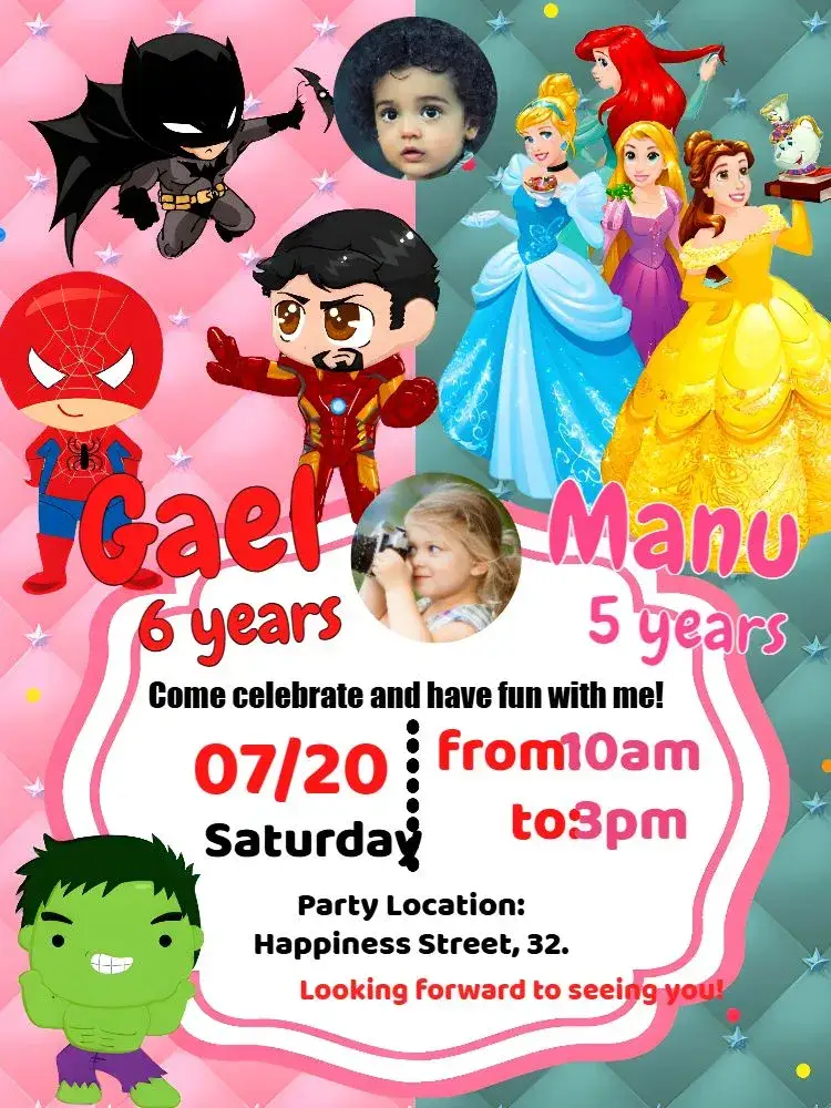 Invitation Double Disney Heroes And Princesses With Man Photo – Most searched for theme vibrant colors, fun style, Disney graphic elements, modern, adventure, superhero theme