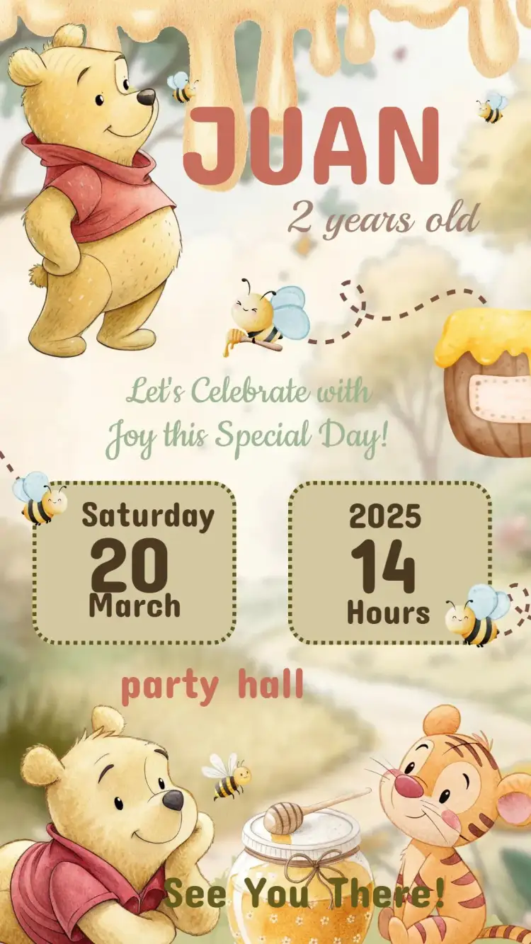 Invitation Winnie the Pooh Kids Birthday Invitation – Kids' Birthday Party theme colorful, playful, vintage, childlike, floral, modern