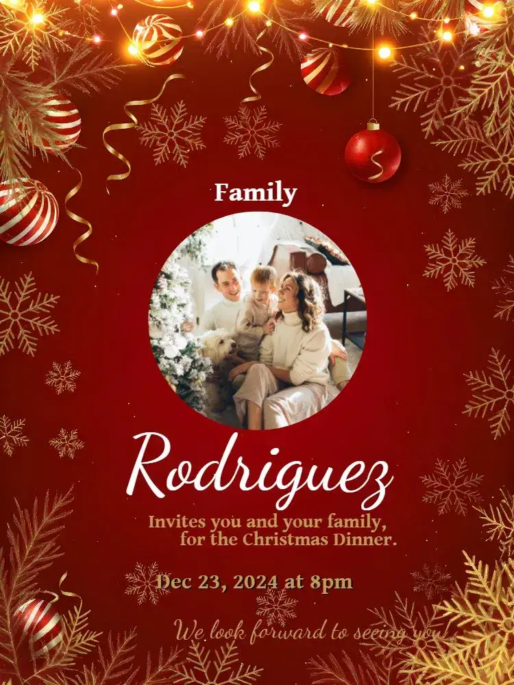 Invitation Golden Photo Christmas – Commemorative Dates theme golden, red, green, elegant, festive, modern
