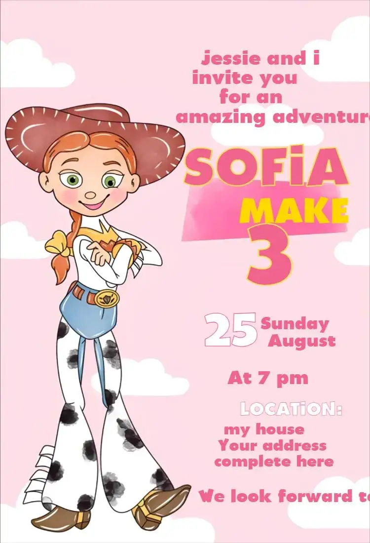 Invitation Jessie 3 – Birthday theme watercolor, pink, fun, childish, themed, colorful