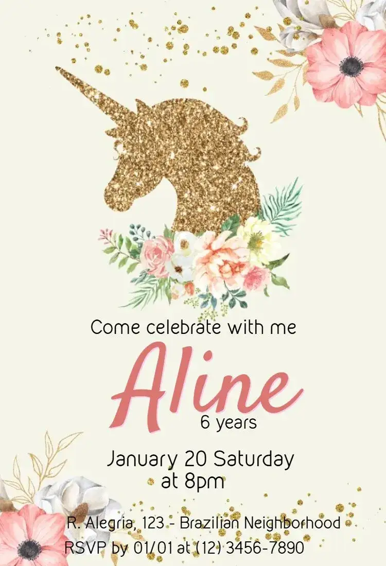 Invitation Floral Unicorn – Kids' Birthday Party theme floral, colorful, magical, bright, childlike, playful