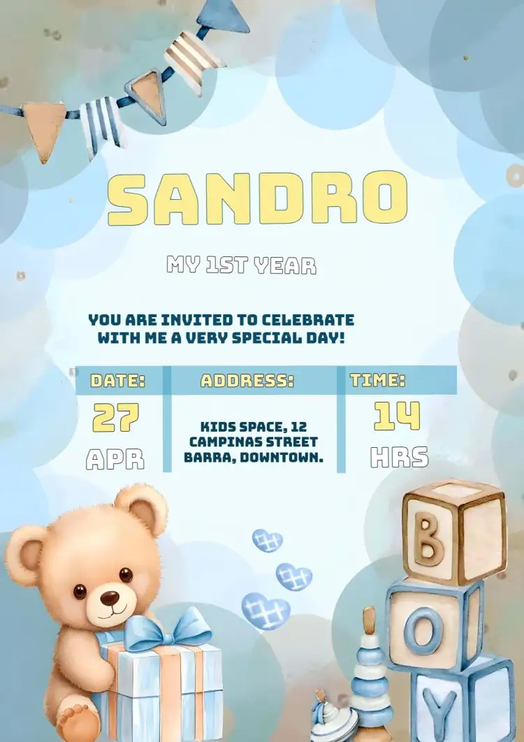 Invitation Watercolor Teddy Bear Balloon – Commemorative Dates theme watercolor, children's, playful, blue, clouds, balloons