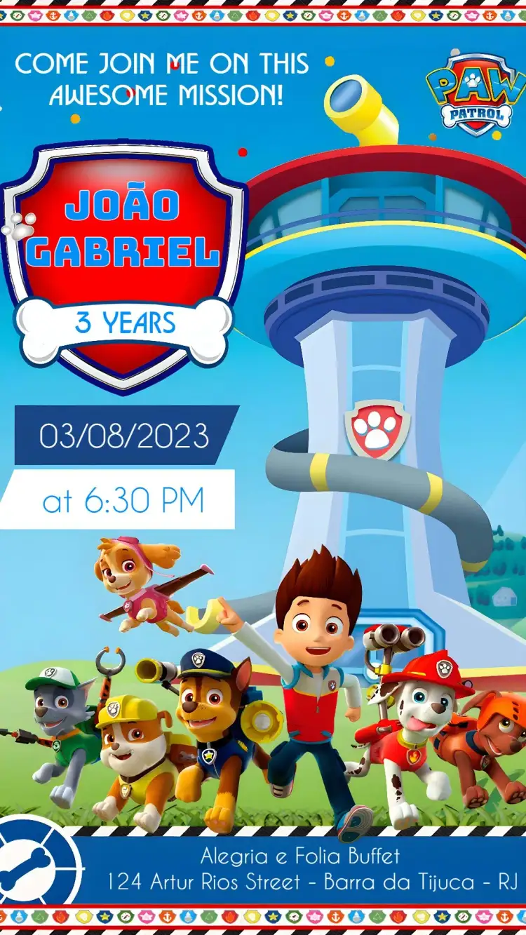 Invitation Paw Patrol – Kids' Birthday Party theme vibrant blue, character illustrations, fun style, adventure theme, dog graphic elements, cheerful background