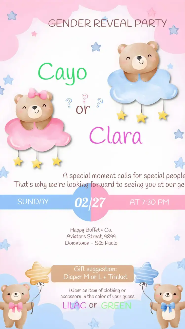 Invitation Watercolor Teddy Bears Gender Reveal – Gender Reveal theme watercolor, teddy bears, blue and pink, delicate illustration, childlike, fun