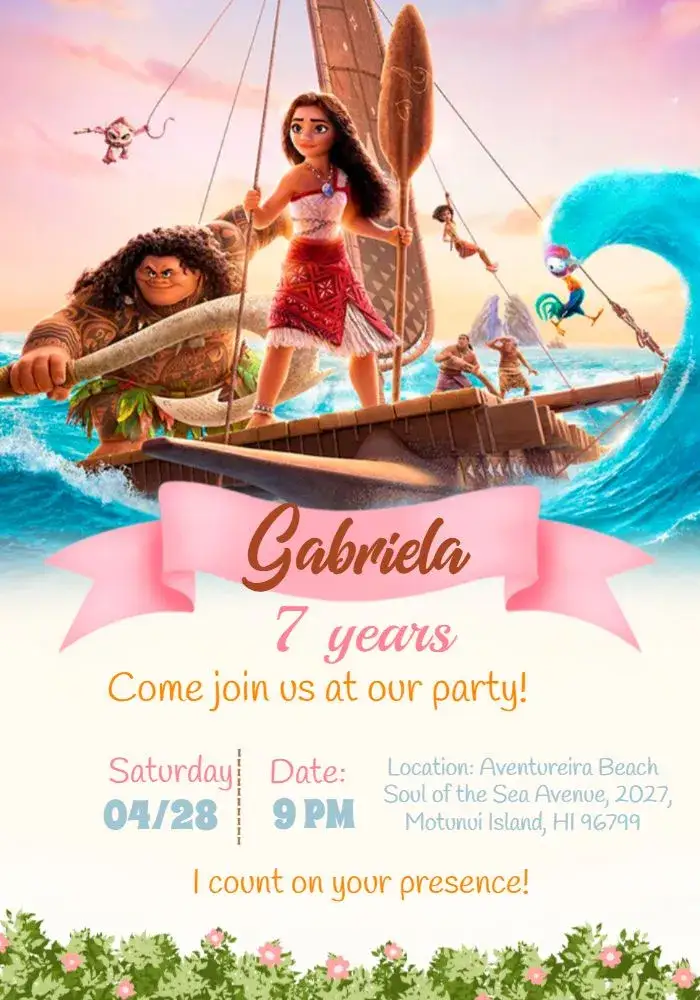 Invitation Moana 2 Maui – Most searched for theme floral, tropical, colorful, childish, modern, fun