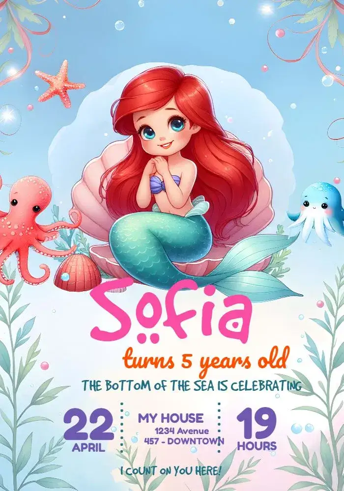 Invitation Ariel The Little Mermaid Girl – Most searched for theme navy, colorful, fantastic, childish, tropical, fun