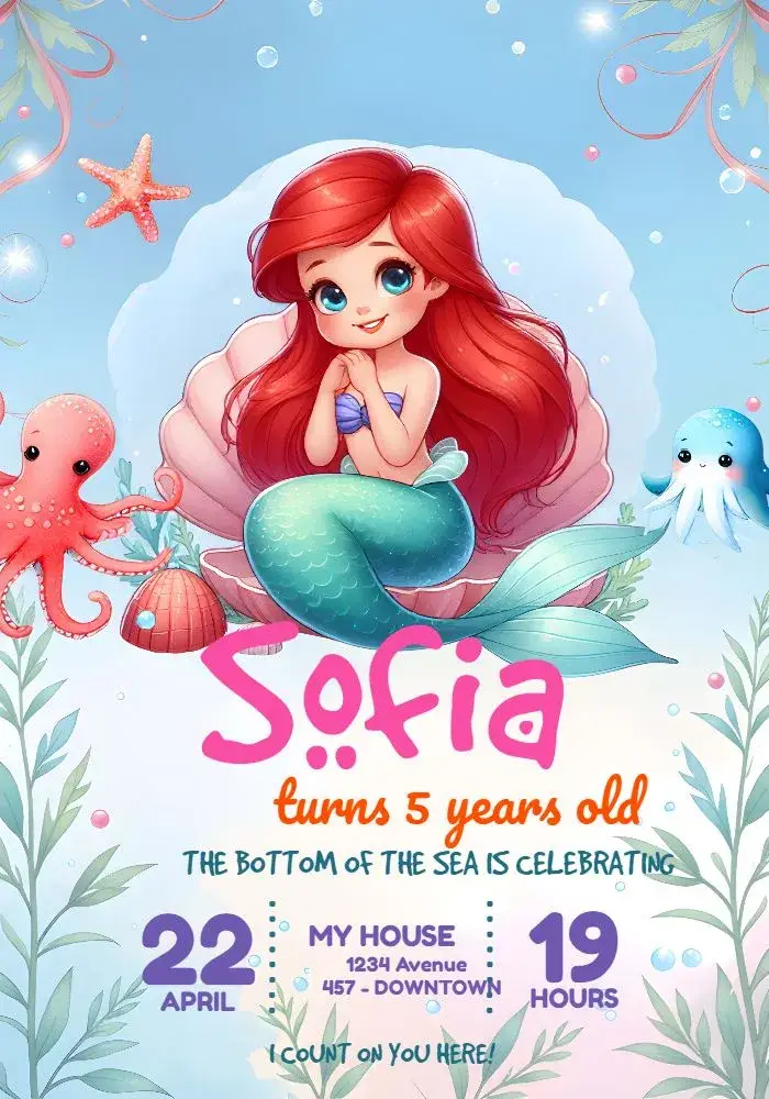 Ariel The Little Mermaid Girl invitation