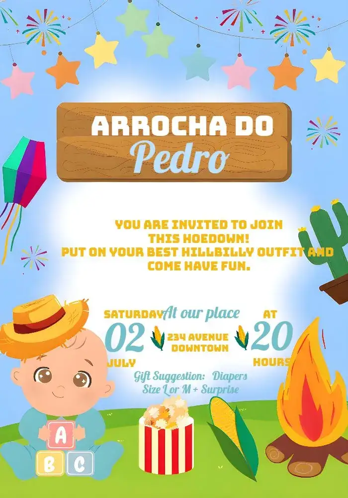 Invitation Charraiá Menino João – Commemorative Dates theme country-style, colorful, vintage, festive, São João illustrations