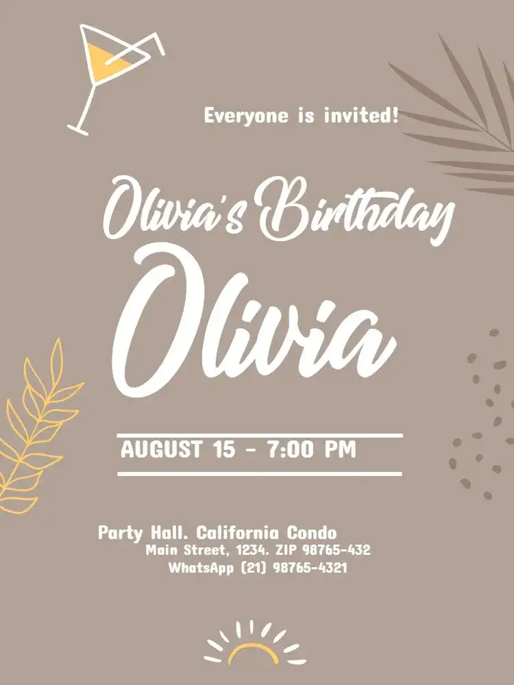 Invitation Female Adult Brown Cocktail – Kids' Birthday Party theme elegant, modern, minimalist, sophisticated, classic