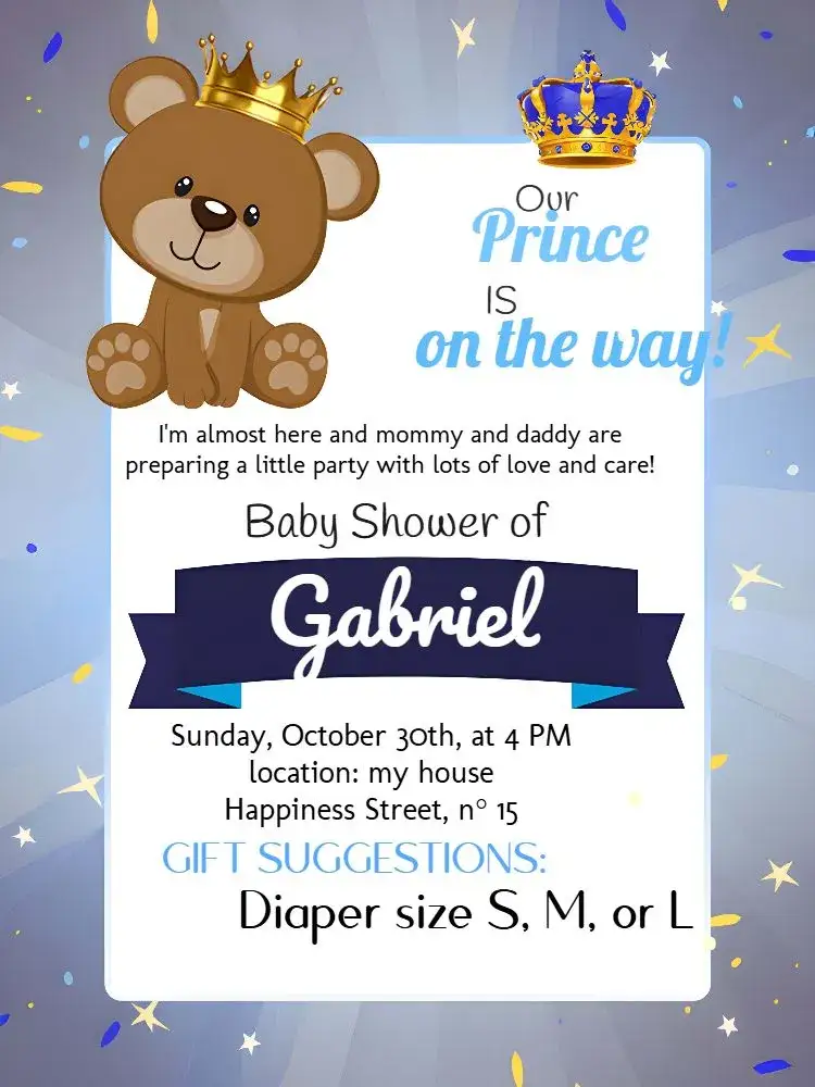 Invitation Baby Shower Little Prince Teddy Bear – Diaper Shower theme blue, royalty, teddy bear, modern, fun, charming