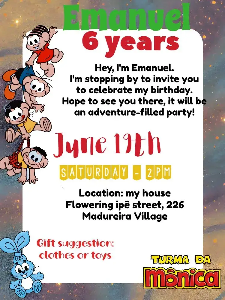 Invitation Turma Da Mônica Colorido – Kids' Birthday Party theme colorful, childlike, fun, illustrations from Monica's Gang, red and white, cute characters