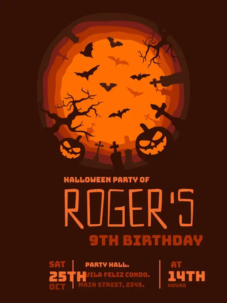 Invitation Halloween – Kids' Birthday Party theme dark colors, Halloween graphic elements, fun style, monster illustrations, colorful design, party theme