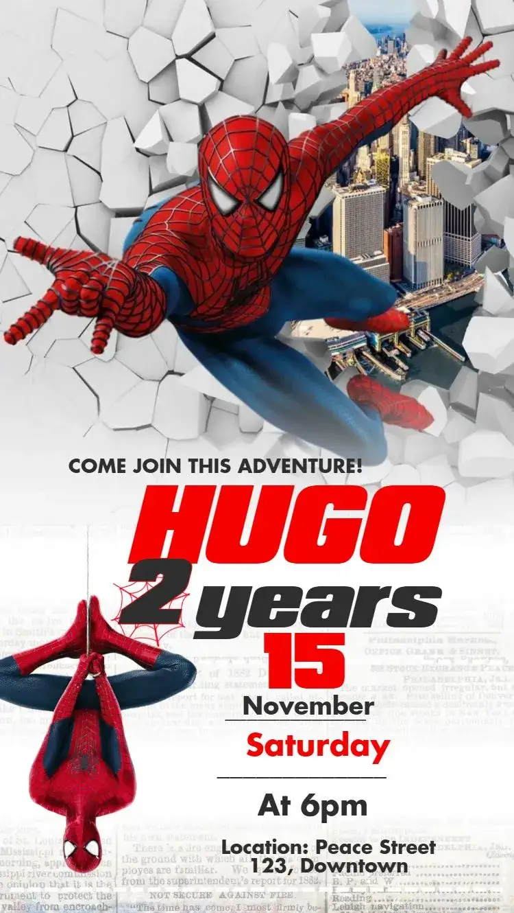 Invitation Spiderman – Kids' Birthday Party theme vibrant colors, urban style, comic elements, fun design, modern style, childlike touch