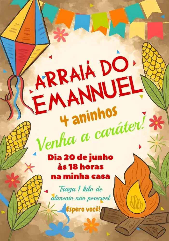 Invitation Colorful Junina Party Arraiá – Commemorative Dates theme colorful, June-themed, vintage, festive, Brazilian, fun
