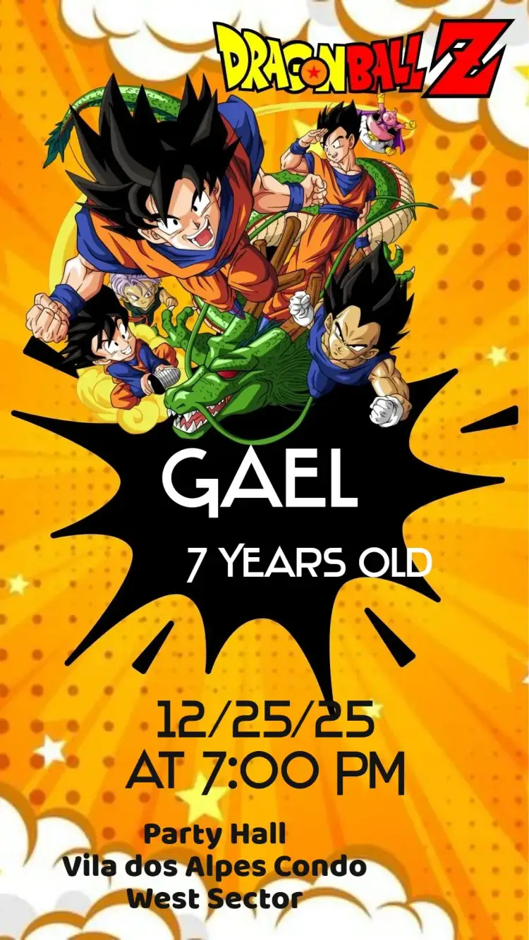 Invitation Dragon Ball Z – Kids' Birthday Party theme colorful, fun, anime, lively, dynamic