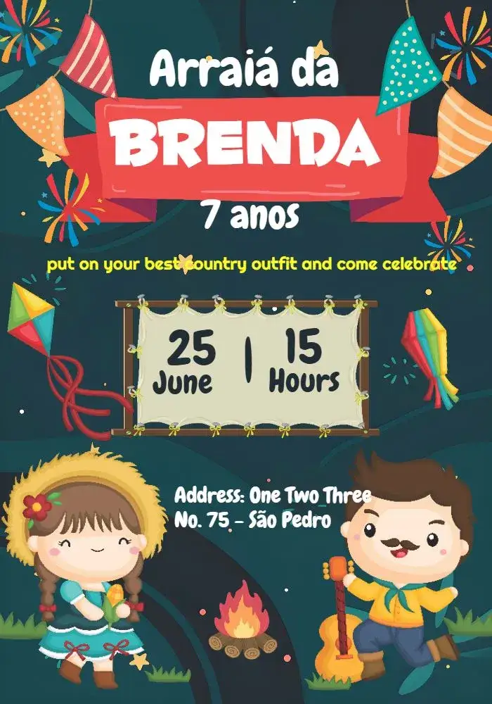 Invitation Arraiá Festa Junina Pipa – Commemorative Dates theme colorful, vibrant, themed, fun, traditional, cheerful