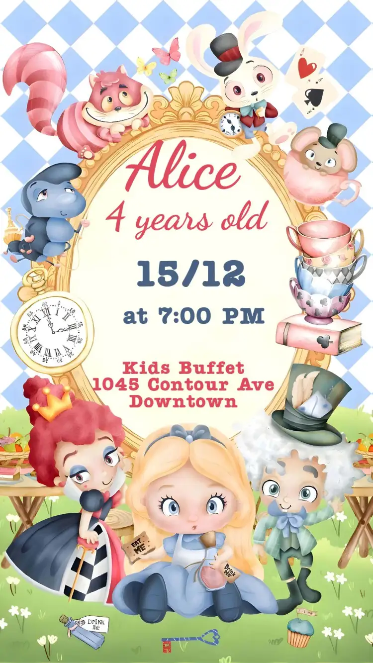 Invitation Alice in Wonderland – Kids' Birthday Party theme watercolor, magical, colorful, fantasy, playful, fun