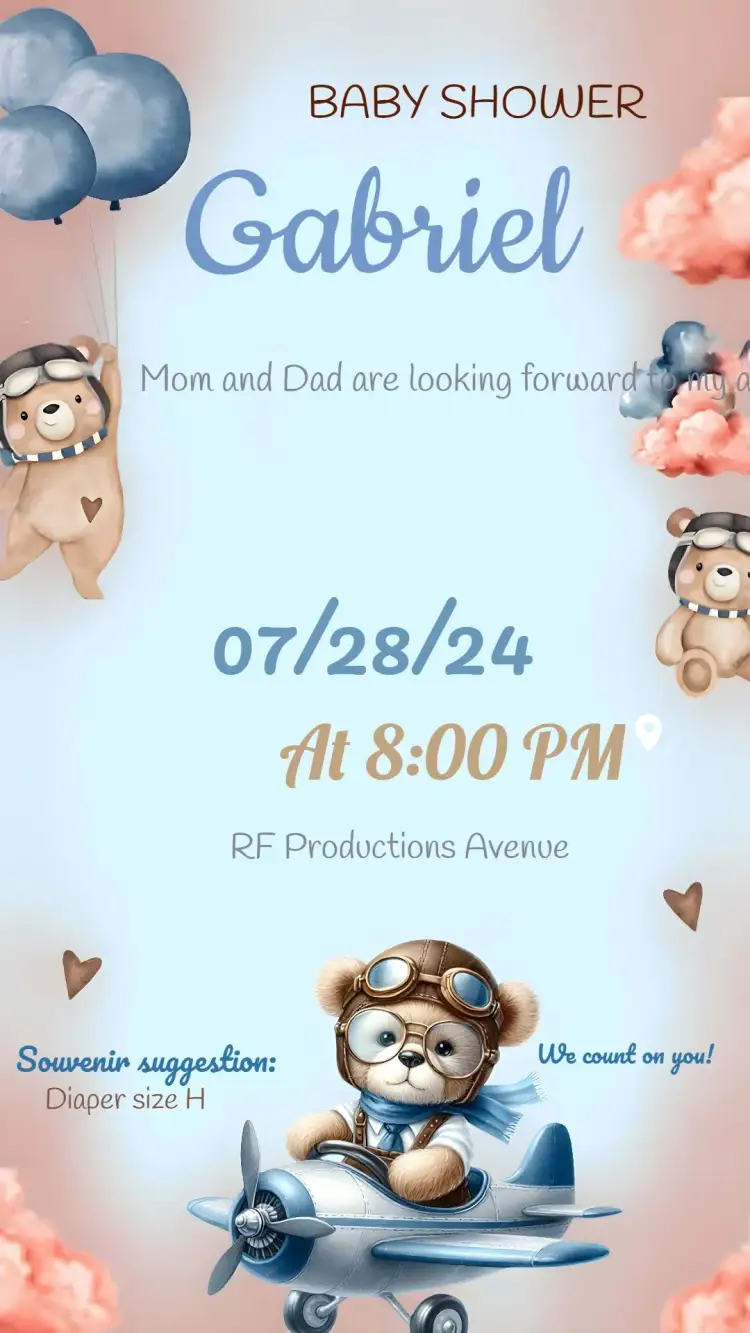 Invitation Aviator Bear Watercolor Baby Shower – Diaper Shower theme watercolor, cute, childlike, blue, aviator, playful