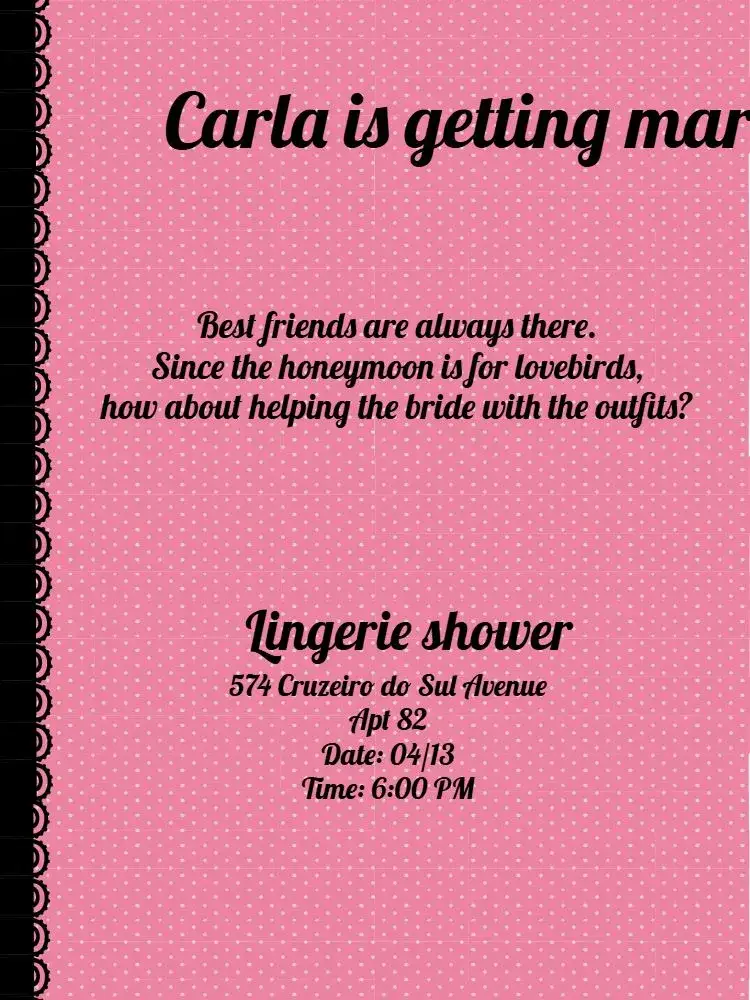 Invitation Lingerie Tea Celebration – Diaper Shower theme pink, black, lace, feminine, modern