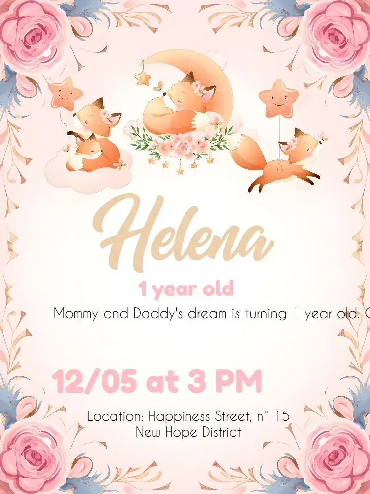 Invitation Pink Floral Fox – Commemorative Dates theme floral, watercolor, childish, delicate, colorful, modern