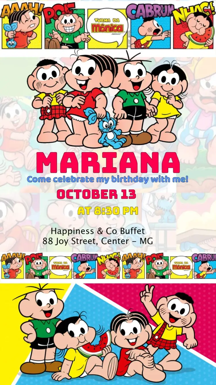 Invitation Turma Da Mônica De – Kids' Birthday Party theme colorful, fun, childish, comics, modern