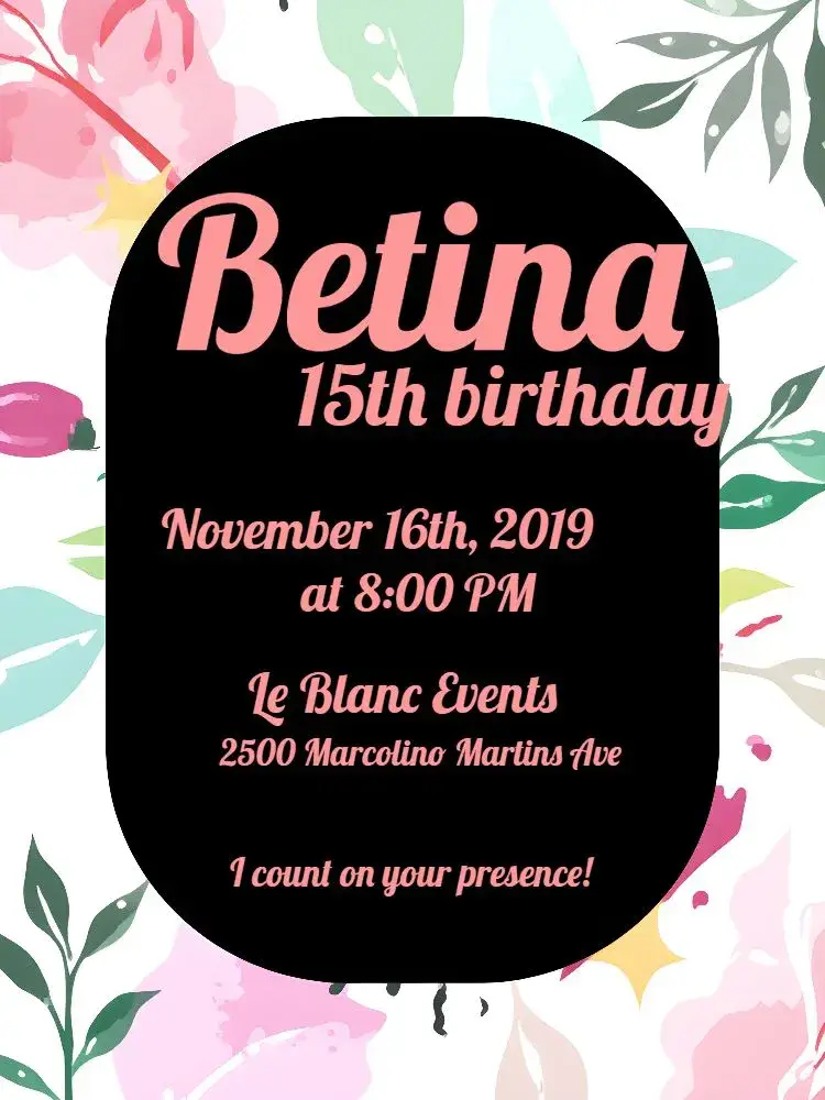 Floral 15th Birthday - Black Purple invitation