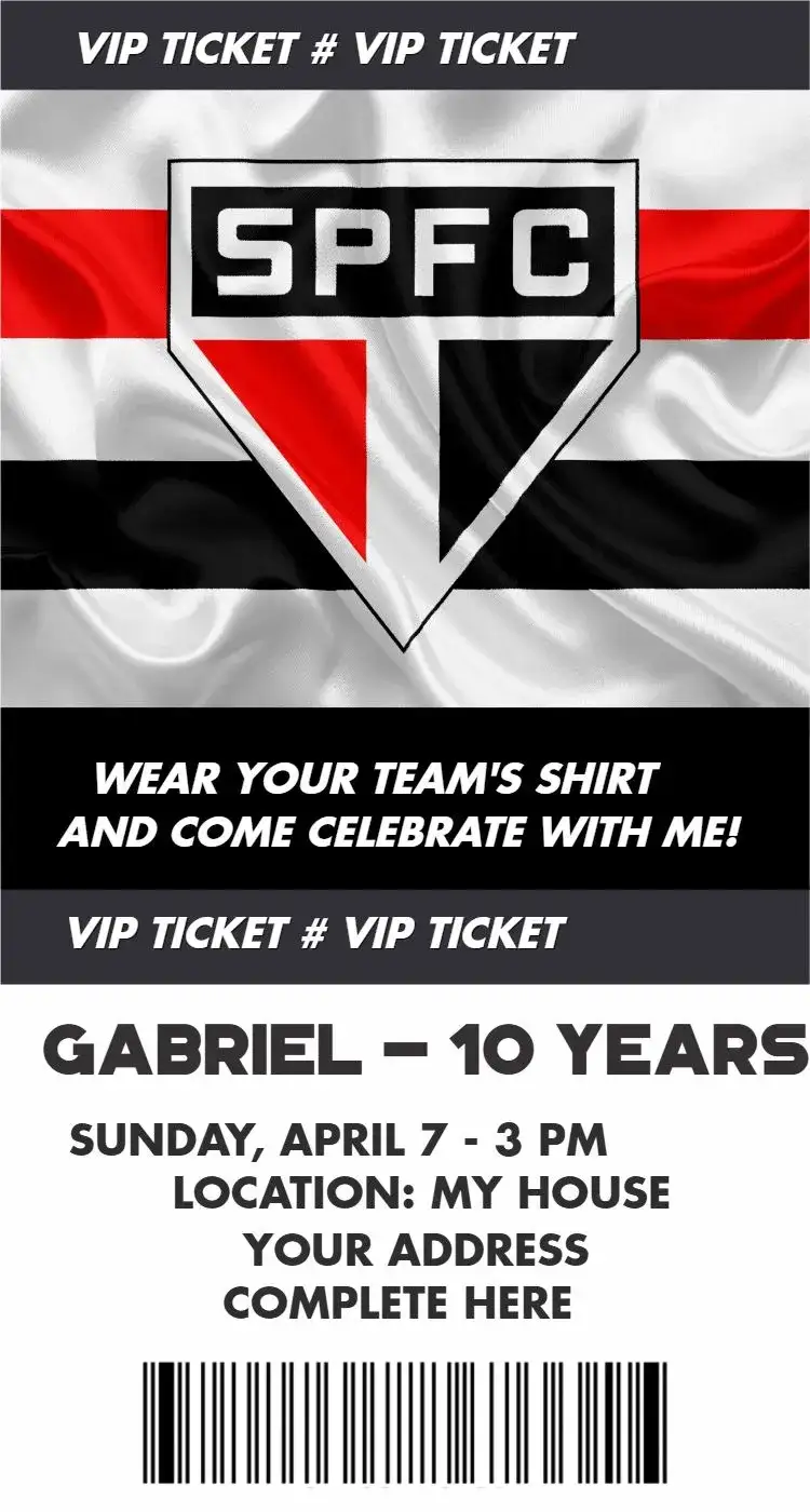Invitation São Paulo ticket – Birthday theme football, colorful, modern, dynamic, sporty