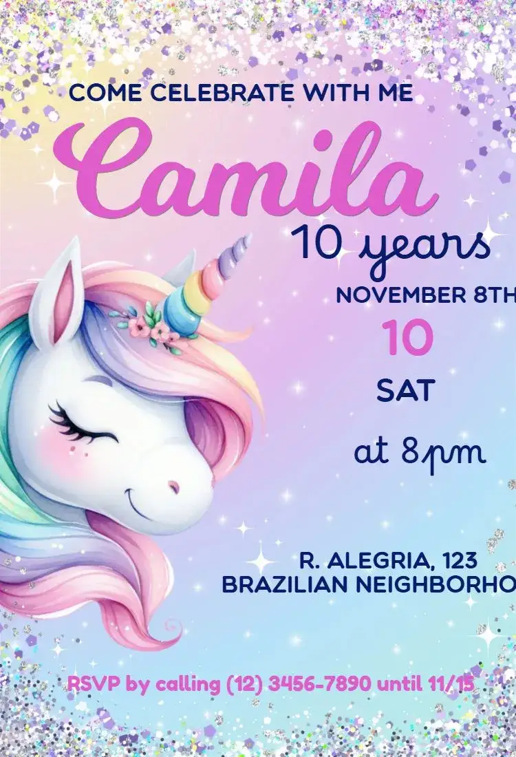 Invitation Unicorn – Kids' Birthday Party theme pastel colors, glitter, costume, playful illustrations, fun style, magical elements