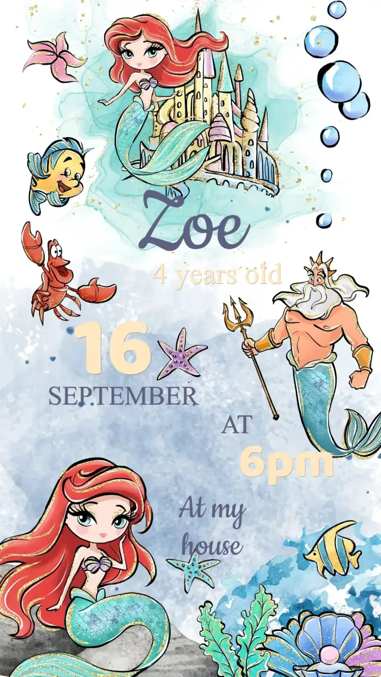 Invitation Little Mermaid Ariel Birthday Invitation – Kids' Birthday Party theme navy, colorful, fantasy, Disney, tropical, vibrant