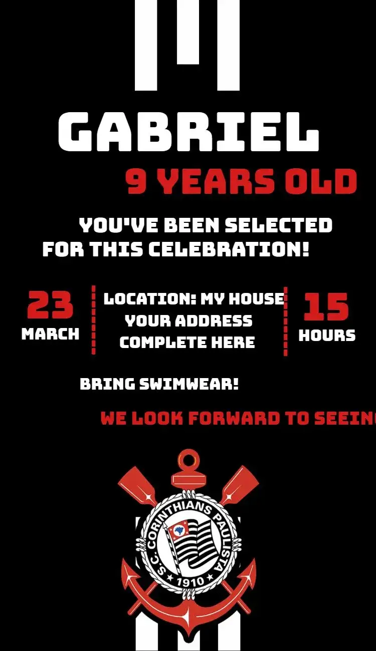 Invitation Corinthians 2 – Birthday theme team colors, soccer, modern, vibrant, sporty, youthful