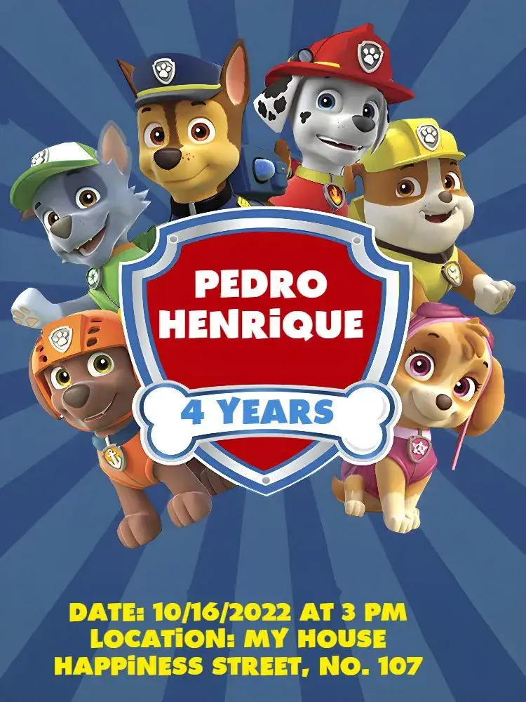 Invitation Red Paw Patrol – Kids' Birthday Party theme red, blue, yellow, striped, fun, themed
