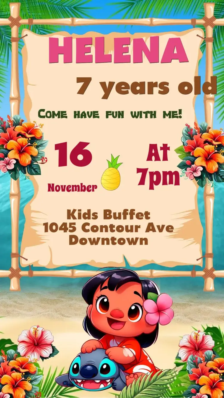 Invitation Lilo and Stitch – Kids' Birthday Party theme colorful, fun, tropical, childish, character illustrations, Disney-style