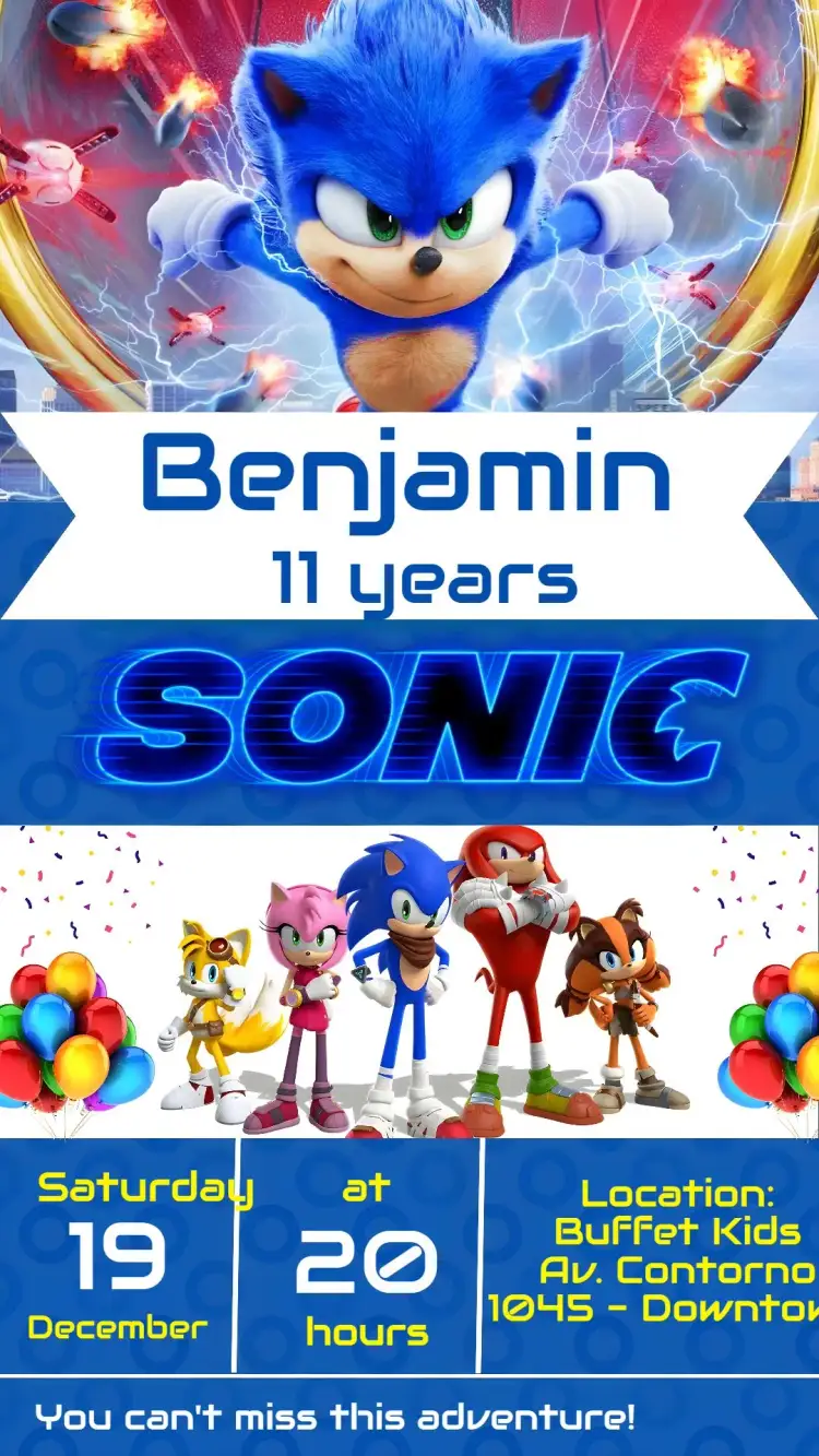 Invitation Sonic – Birthday theme vibrant blue, cartoon style, movie graphic elements, dynamic background, speed theme, fun details