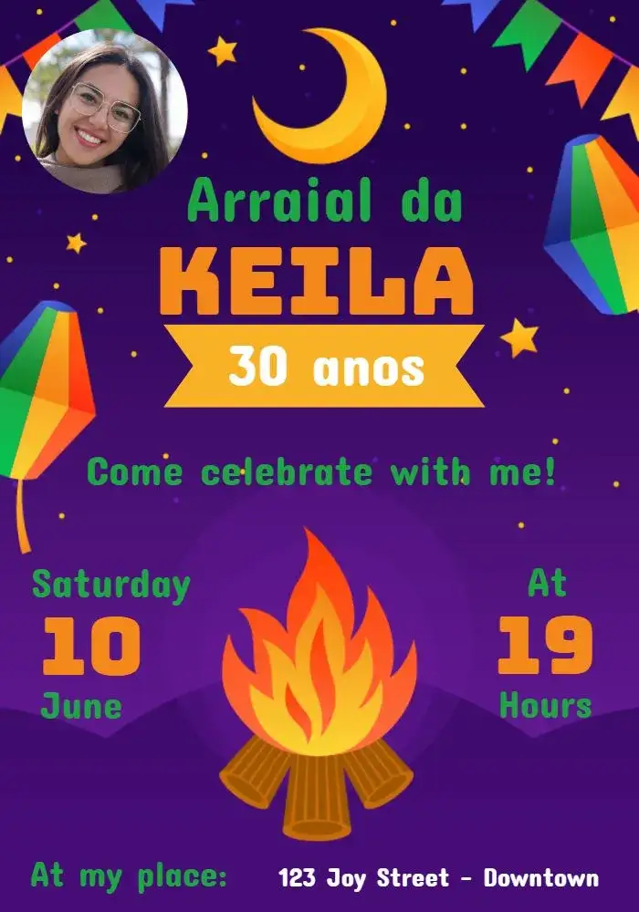 Invitation Arraial June Party With Blue Photo – Commemorative Dates theme junino, colorful, traditional, festive, modern, cheerful