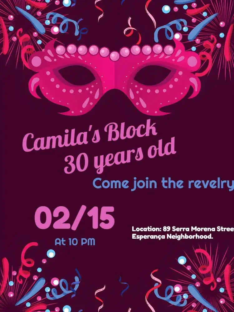 Invitation Carnival Folia – Commemorative Dates theme vibrant colors, festive style, Venetian masks, colorful graphic elements, cheerful design, carnival theme