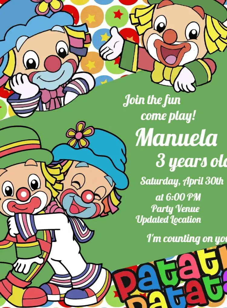 Invitation Patati and Patatá Clowns – Most searched for theme colorful, fun, childish, playful, festive, lively