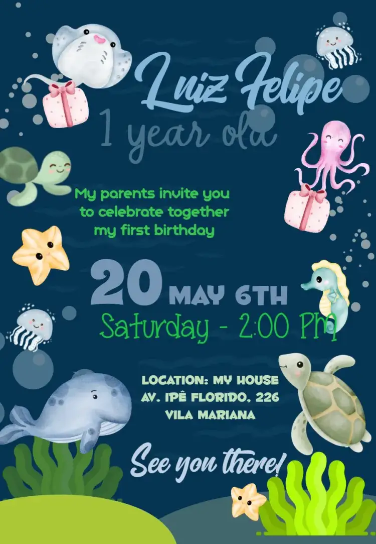 Invitation Colorful Underwater World – Kids' Birthday Party theme colorful, navy blue, playful, tropical, fun, themed