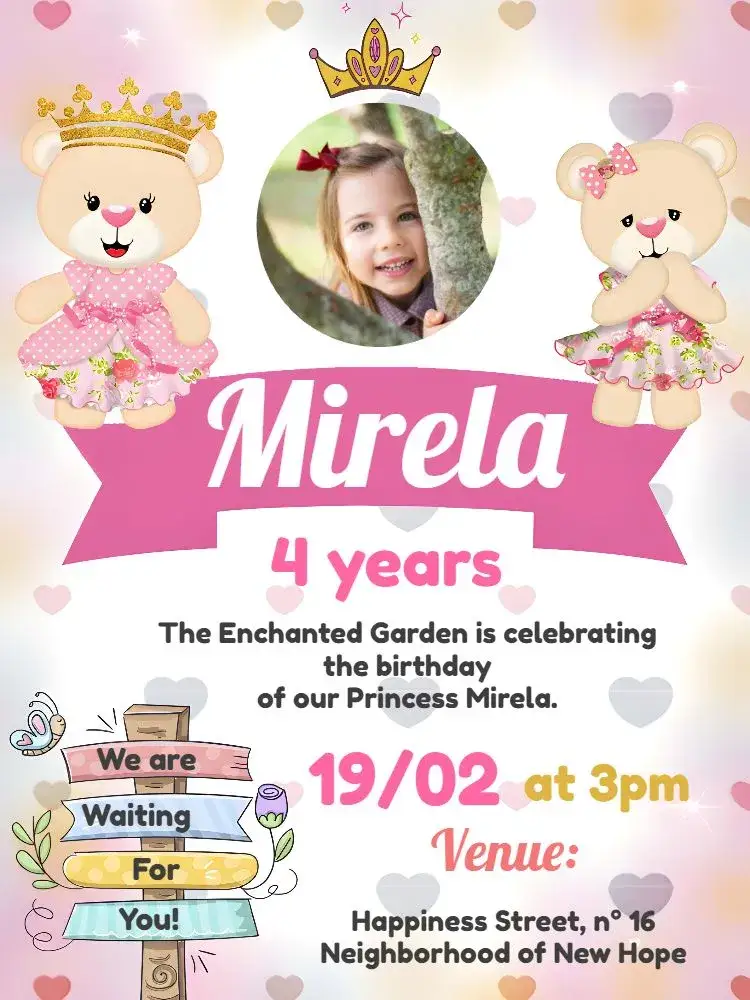Invitation Princess Teddy Bear With Royal Photo – Most searched for theme pink, golden, princess, playful, royalty