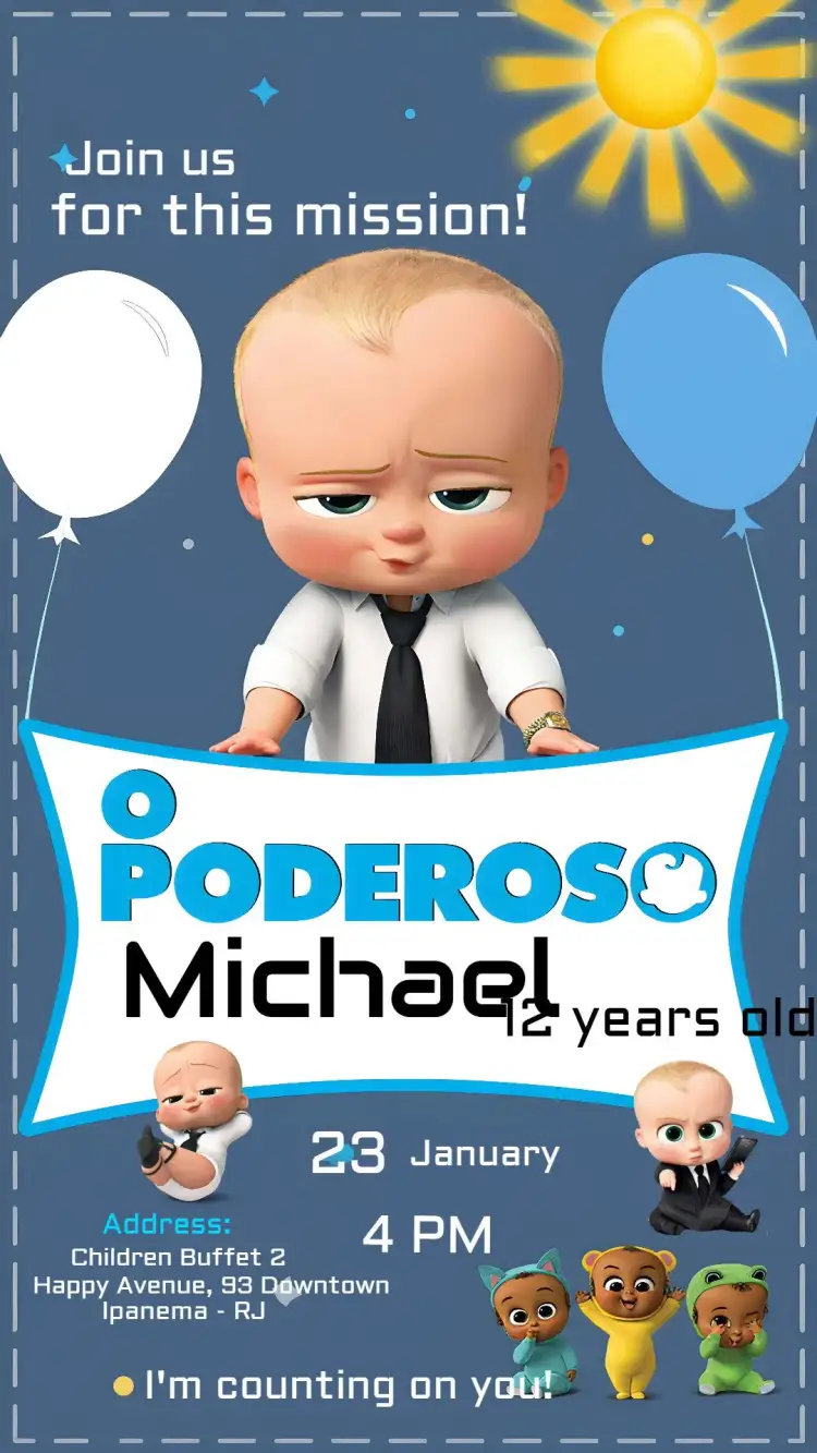 Invitation Powerful Boss Baby Birthday – Most searched for theme blue, black, white, fun, childlike, modern