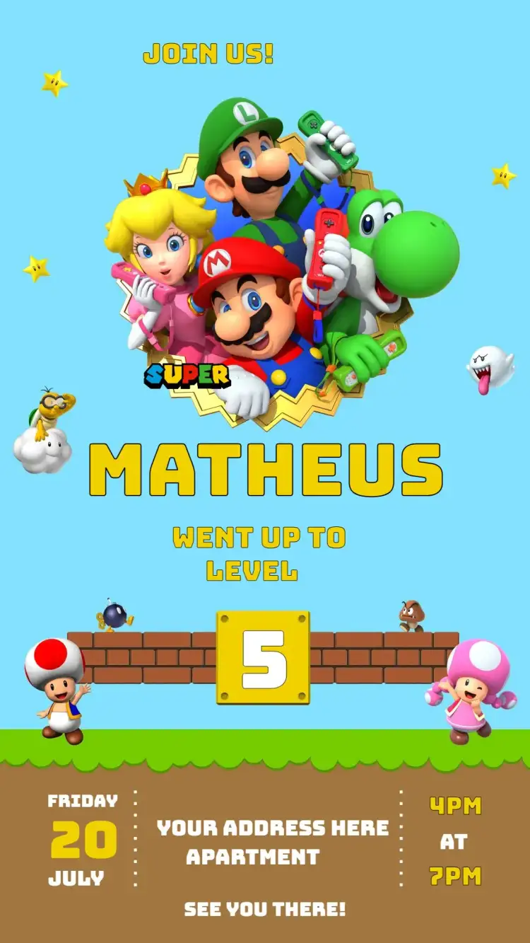 Invitation Super Mario – Kids' Birthday Party theme colorful, fun-filled, games, vibrant, childlike, themed