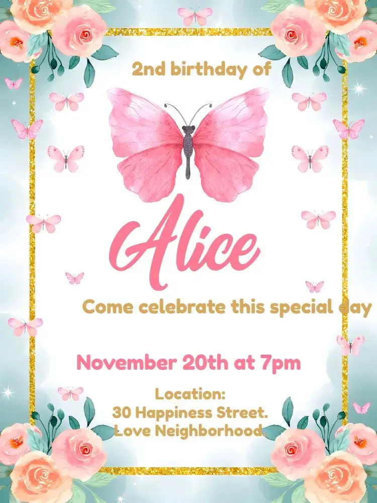 Invitation Delicate Butterfly Garden – Commemorative Dates theme floral, delicate, pink, golden, nature, childish