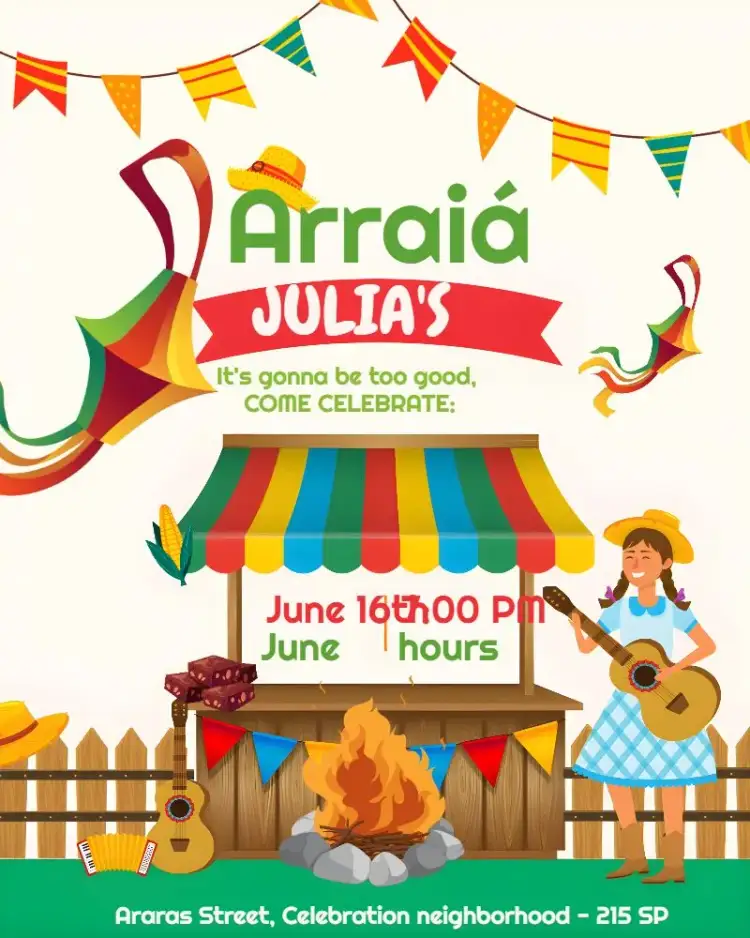 Invitation Arraiá São João Laranja – Commemorative Dates theme festive, vibrant, colorful, traditional, June-themed, fun